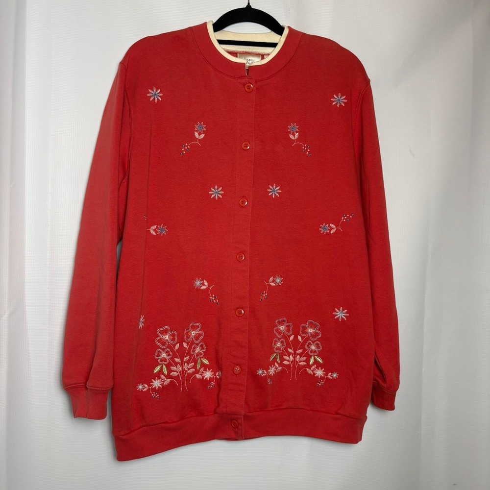 Baxter & Wells Vintage Coral Floral Embroidered Button Down Cardigan Sweater XL‎